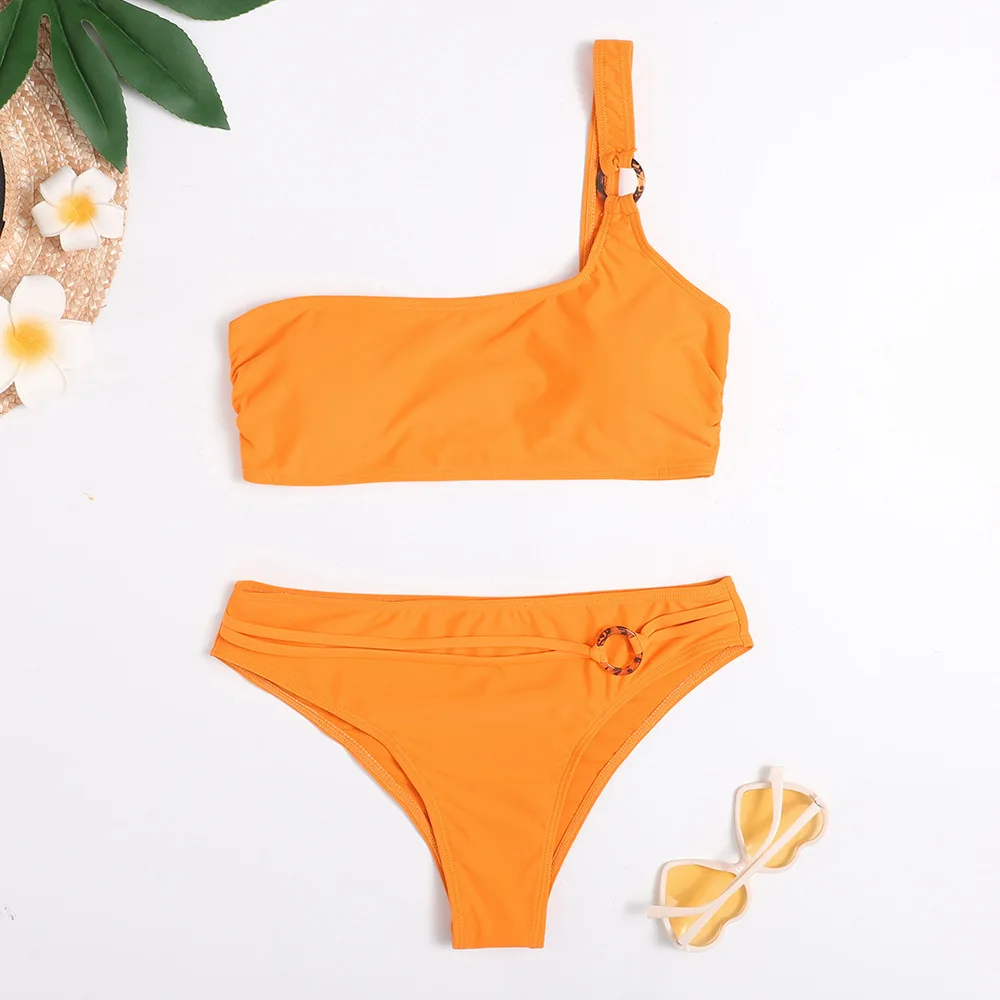 

2021 new style women's swimsuit solid color one-shoulder sexy open back bikini suit swimsuit women swimsuit 2 piece sets womens