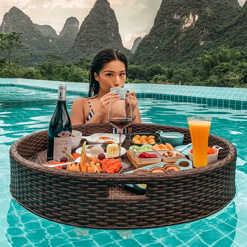 

Tray Nordic Fruit Storage Plate Handmade Water Swimming Accessories Pool Drink Cup Stand Float Party Beverage Mattresses Rattan