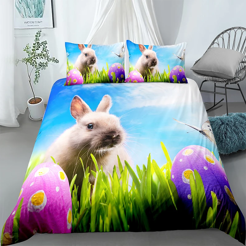 

3D Cartoon Rabbit Printed Bedding Set 3pcs Happy Easter Duvet Quilt Cover Pillowcase for Home Bedroom Large Size Drop Shipping