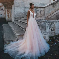Rose Pink Princess Wedding Dress Sleeveless Appliqued Lace Bride Dress A-Line Tulle Backless Boho Wedding Gown