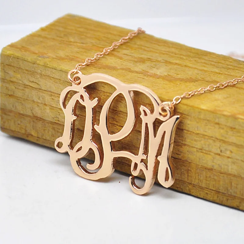 

3 Letters Personalized Monogram Necklace Rose Golden Custom Nameplate Pendent Silver Jewelry nomen monile collier