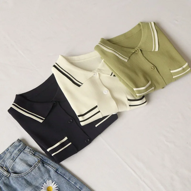 

Women T-shirt Summer Sexy Knit Contrast Color Cardigan Simple Casual Comfortable Tops