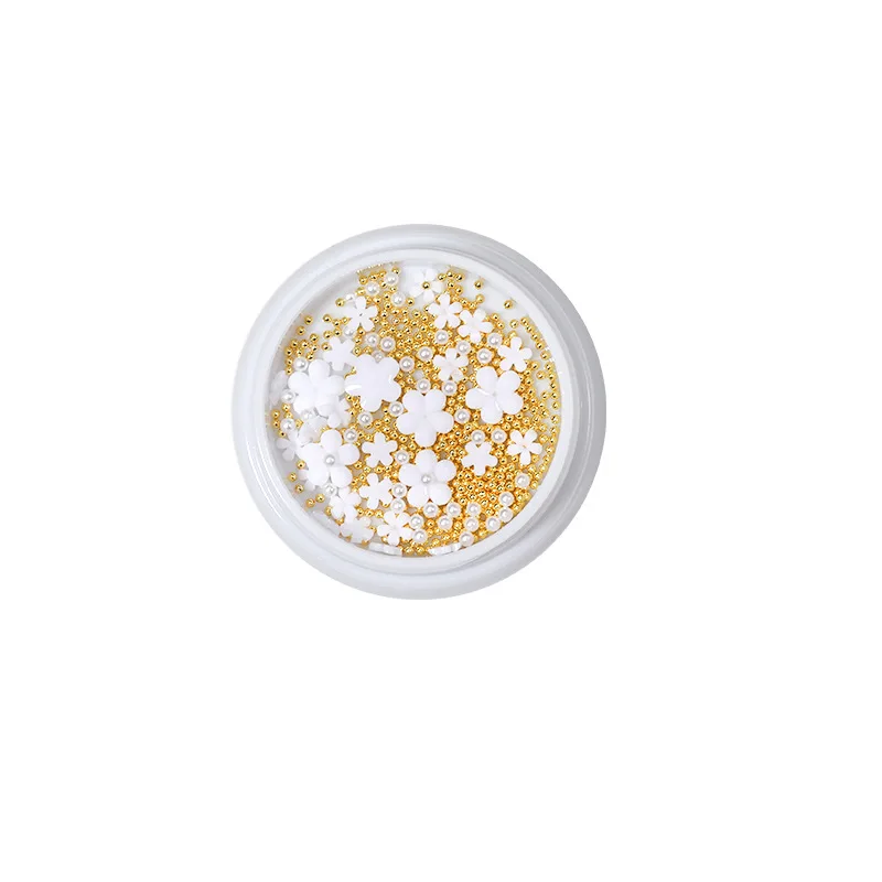 

New Nail Art White Five Petal Flower Resin Jewelry 3D Mixed Size Gold and Silver Metal Bead Accessories DIY Nail Art Decorations