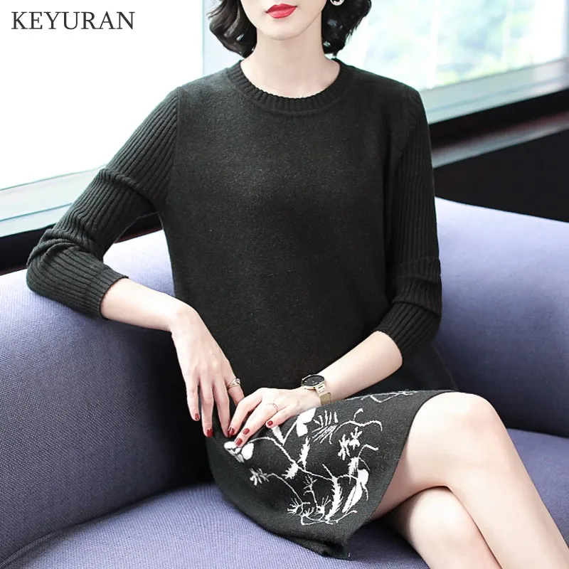 Цветочный жаккардовый свитер платье 2019 женская мода Осень-зима ВЯЗАННЫЙ ПУЛОВЕР