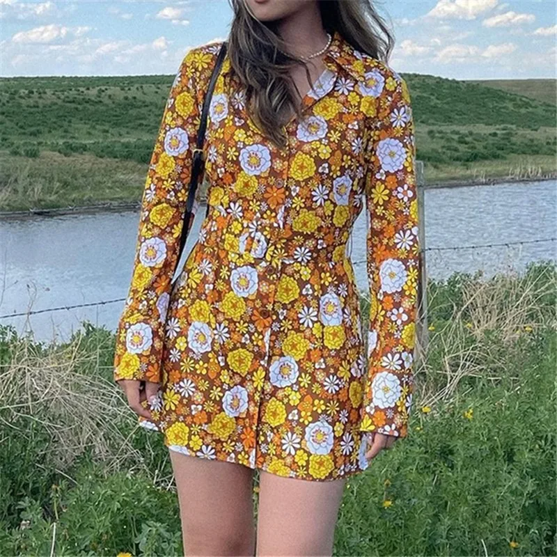 

Autumn Fashion Cute Slim SML Print Florals Single-breasted Long Sleeve Shirt Style Tunic Woman Casual A-line Dress Lady Dress