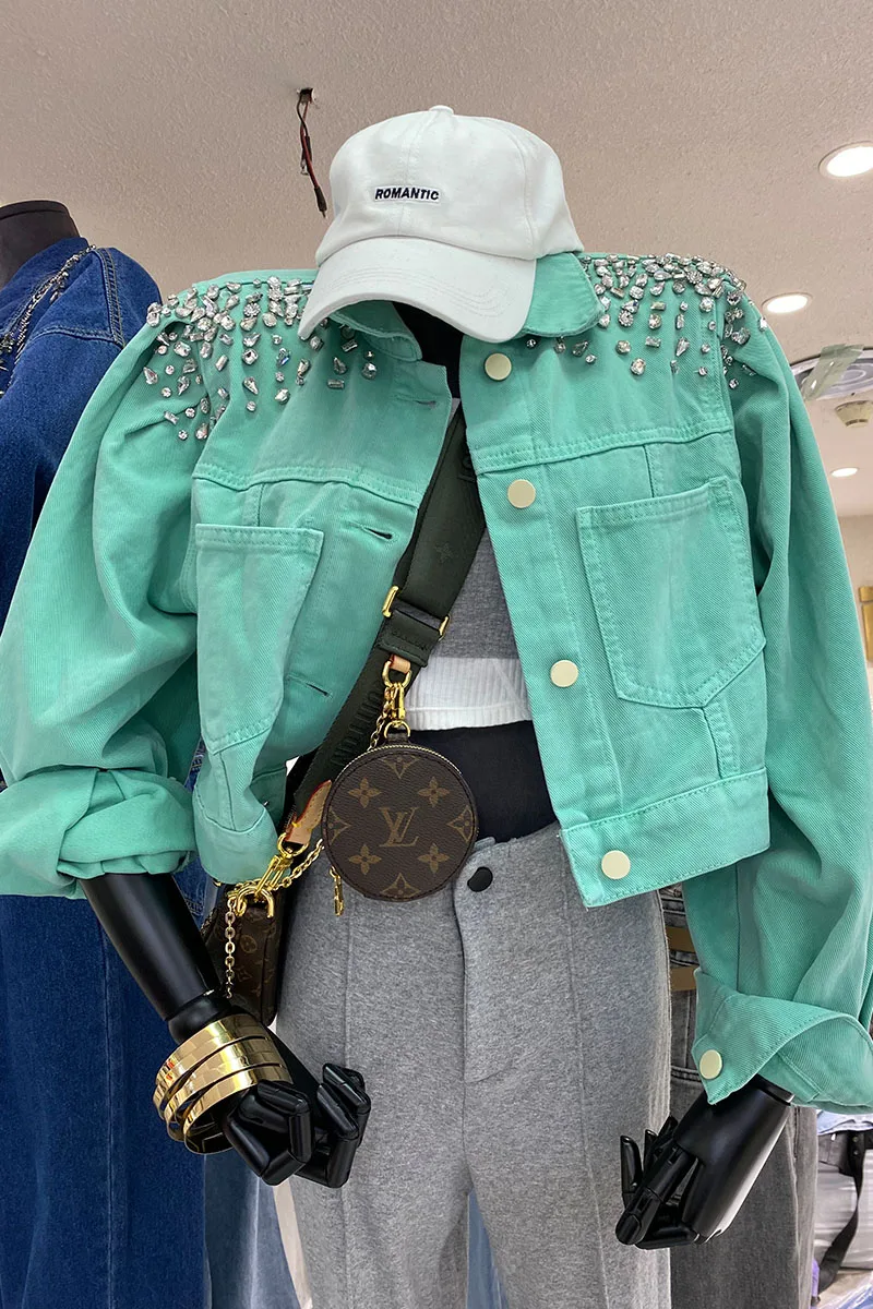 

2021 Spring New Rhinestone Short Coat Fit Slimming Solid Color Streetwear All-Matching Long Sleeve Top Women Short Denim Jackets