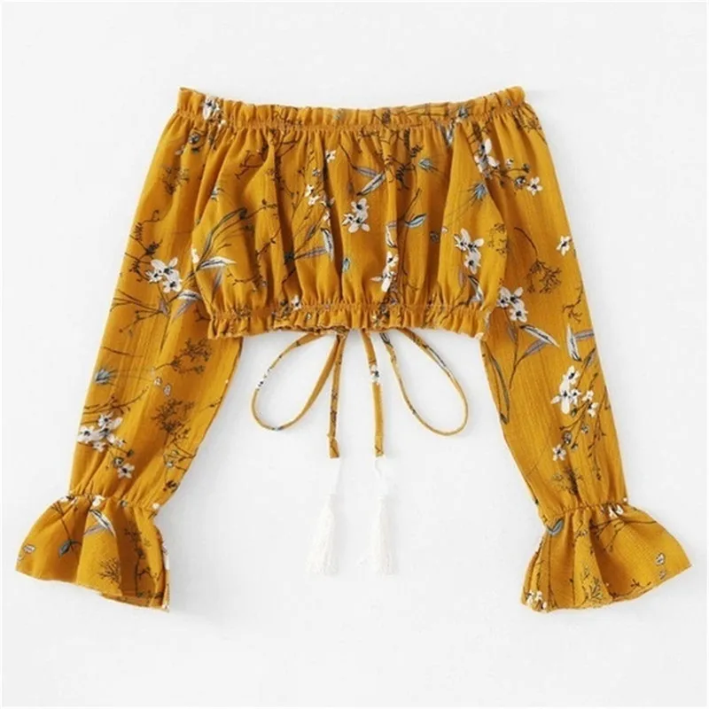 

Summer Women Sexy Off Shoulder Chiffon Long Sleeve Floral Print T-Shirt Hot Sale Spring Cropped Tops Fashionable 2020 Clothes