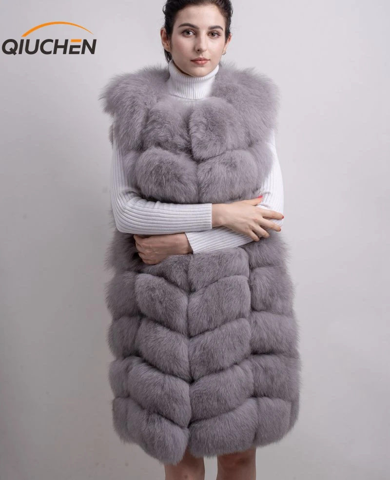 QIUCHEN PJ8032, новинка, высокое качество, длина, натуральный Лисий мех, жилет, пальто, куртка, 90 см, Длинный жилет