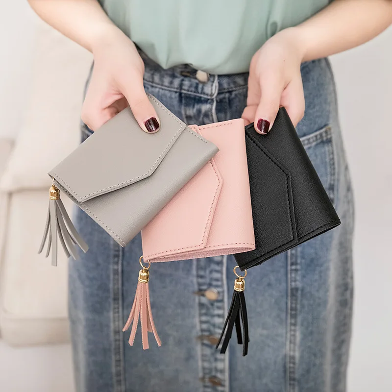 

Short Wallet 3 Fold Big Capacity Coin Pocket Simple Small Fashion Women's Tassel Pendant Multi-card Bit Leather Walle Ladies PU