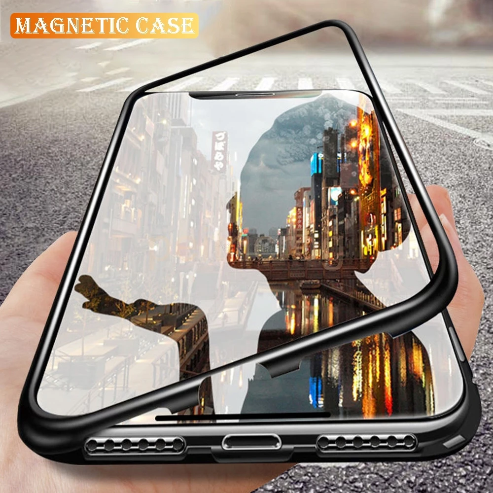 Магнитный адсорбционный металлический чехол для iPhone 11 Pro X XS Max закаленное стекло