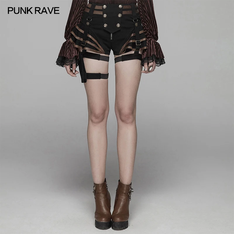 

PUNK RAVE Women's Steampunk Retro Flounce Design Shorts with Leg Bag Motocycle Shorts Stage Perform Costume Sexy Women Short