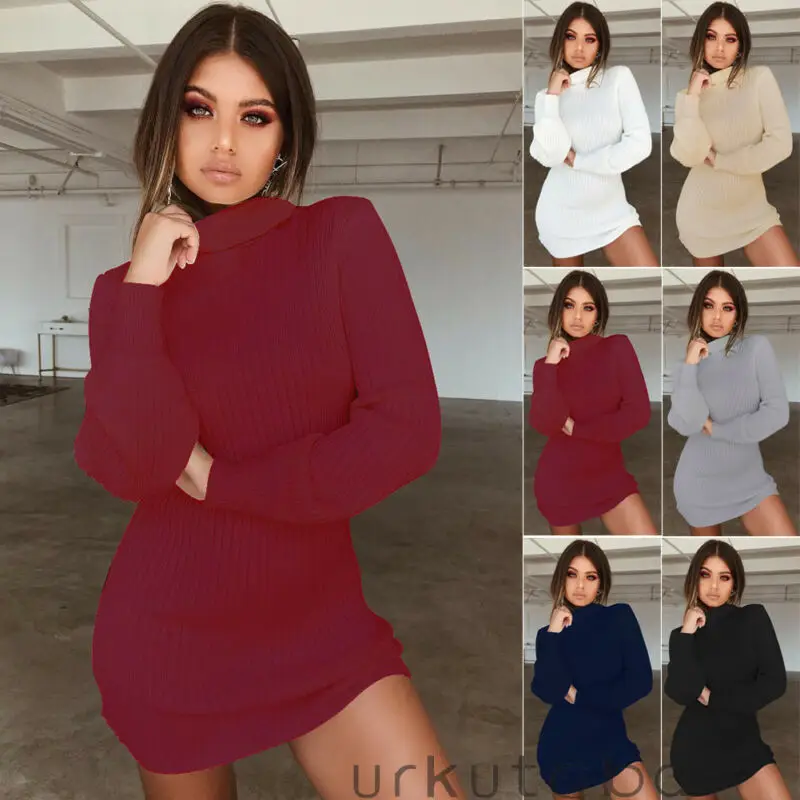 Women Casual Winter Autumn Dress Lady long Sleeve Crewneck Jumper Thin Knitted Sweater Mini Vestidos Mujer 2020 New | Женская одежда
