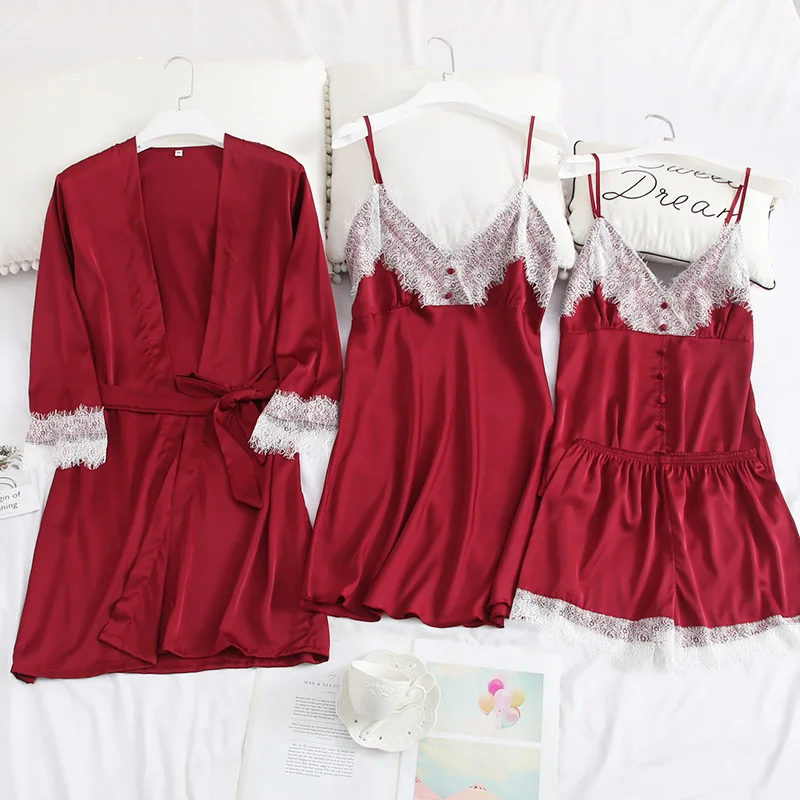Для женщин свободный комплект для девочек ночная рубашка сатиновая одежда сна
