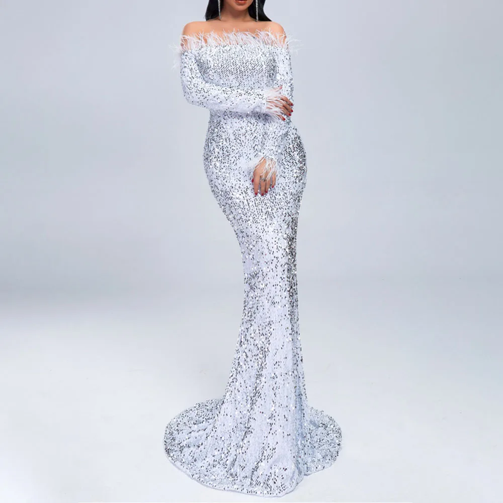 Роскошные Серебристые блестками длинное вечернее платье вечерние элегантное в