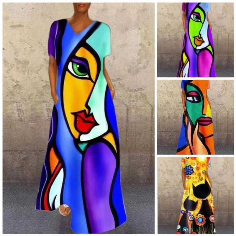 

Women's Clothing 2021 Summer New Ladies Dress European and American Retro Portrait Cat Print V-neck Multicolor Long Skirt WE113