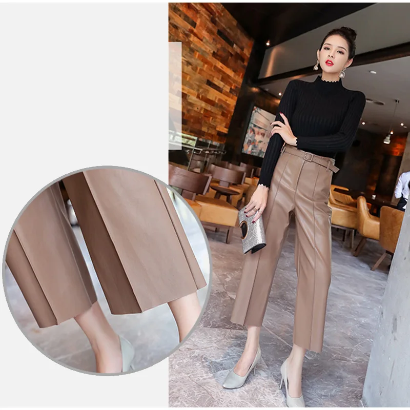 Autumn Faux PU Leather Pants Women With Belt High Waisted Wide Leg Anke-length Women's Trousers Winter NEW Fashion Clothes