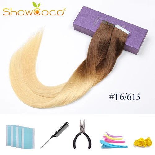 ColorT6 613 -40 Pcs ShowCoco лента в Пряди человеческих волос для наращивания натурального волос 20/40 шт, смешанные цвета, Цвет горячие головы для наращивания блеск коричневого до блондинка ленточных накопителей - Цвет: ColorT6 613 -40 Pcs