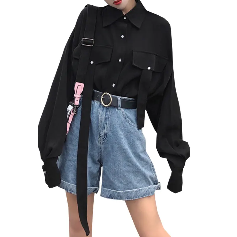 

Spring autumn korean turn-down collar Blouses loose pockets Harajuku long sleeve Shirts Women's Clothing Couple black Women tops