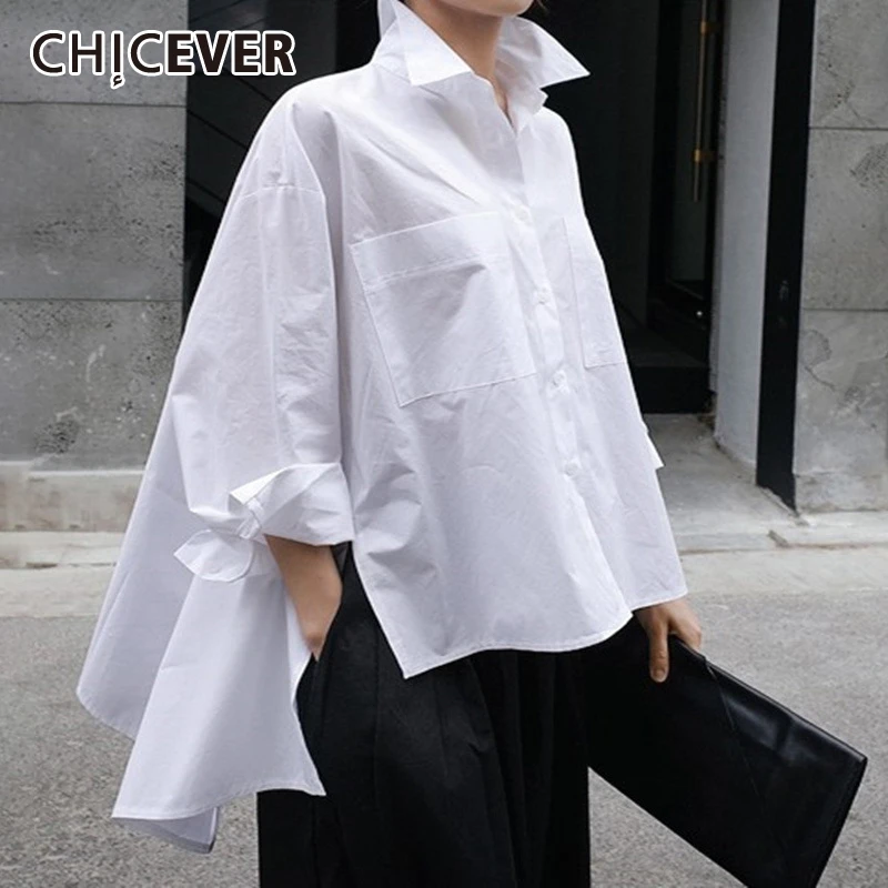 CHICEVER/осенние корейские женские топы и блузки с отворотом, с длинными рукавами, свободная, большие размеры, асимметричная блуза, женская модная новая одежда
