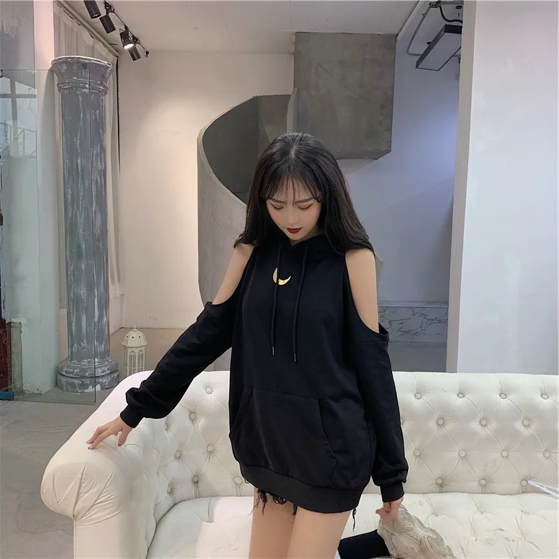 

Leisure Hoodies Korean Loose Casual Crescent Print Shoulder Bare Hooded Pullovers Women Streetwear Plus Size Sweatshirts