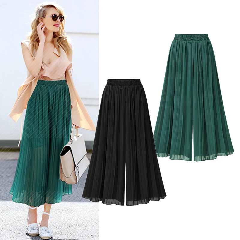 Spring and Summer New Fat MM Plus Size Women's Pleated Loose Chiffon Wide Leg Pants Pleated Skirt Pants