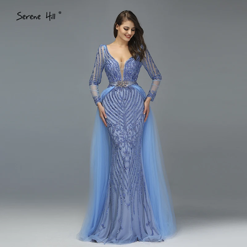 Blue Dubai Luxury Sequined Sparkle Evening Dresses Long Sleeve Beading Evening Gowns Serene Hill Plus Size LA60858
