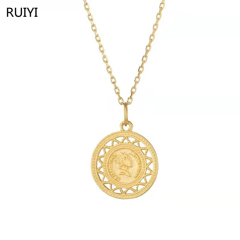 

Ожерелье RUIYI из настоящего 18-каратного золота с круглой подвеской в стиле ретро королевы с цепочкой из чистого золота AU750 для женщин ювелирн...