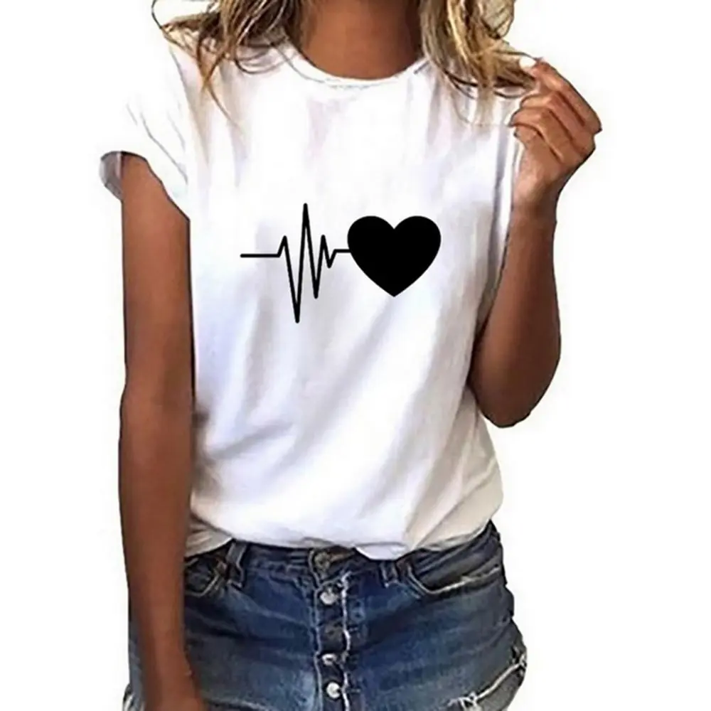 

Summer New Heart Shaped Printed T Shirt Ladies Casual Harajuku Graphic Short Sleeve Women T shirt O Neck Top Tees White T-Shirts