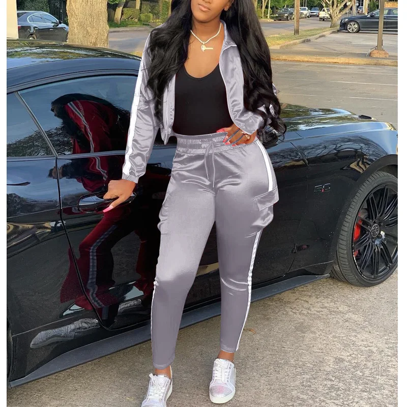 Women 2 Piece Set Tracksuit 2020 Reflective Strip Patchwork Jacket and Pants Femme Sportwear Matching |