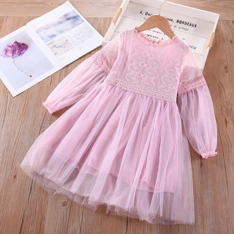 

Розовое платье принцессы, модное Сетчатое платье с длинным рукавом-фонариком для девочек, детская одежда для девочек-подростков