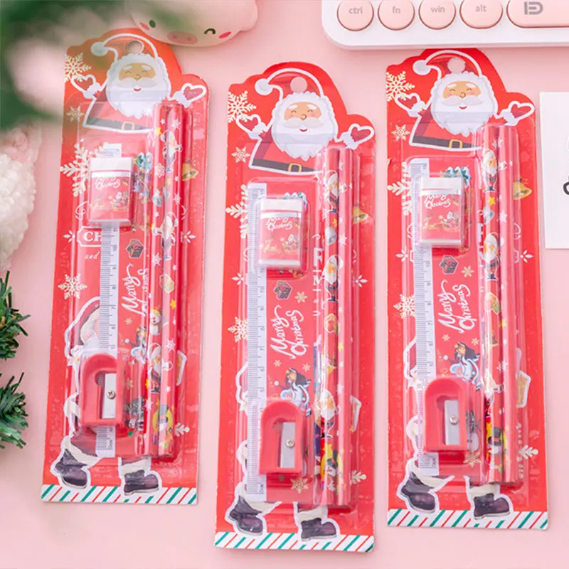 

5Pcs/Set Christmas Stationery Set Cartoon Pencil Ruler Eraser Pencil Sharpener Kids Kindergarten Pupil Student School THIN889