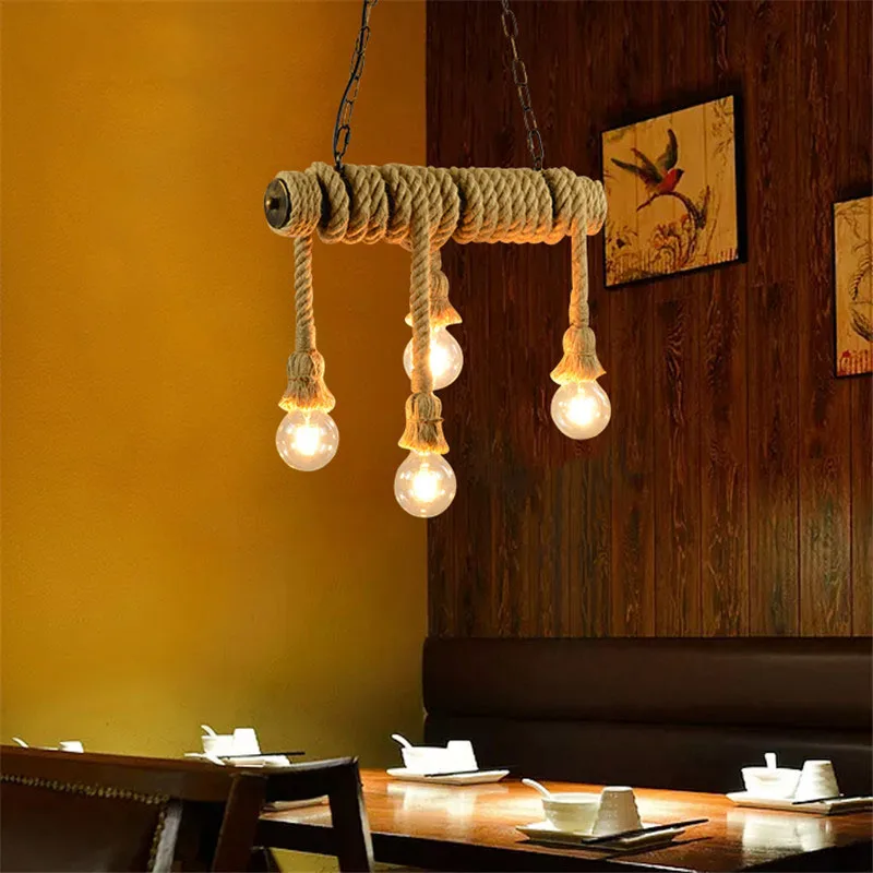 

Hemp Rope Pendant Lights Vintage Retro Loft Industrial Hanging Lamp led Living Room Kitchen Home Light Fixtures Decor Luminaire