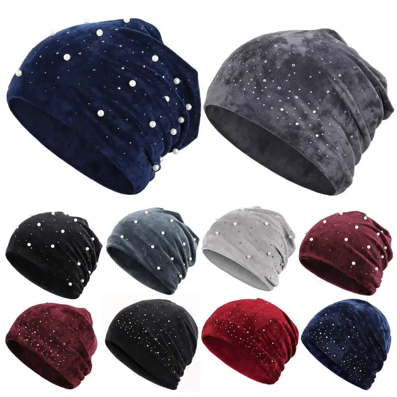 Женские зимние бархатные шапки Skullies мягкие теплые блестящие с жемчугом стразы