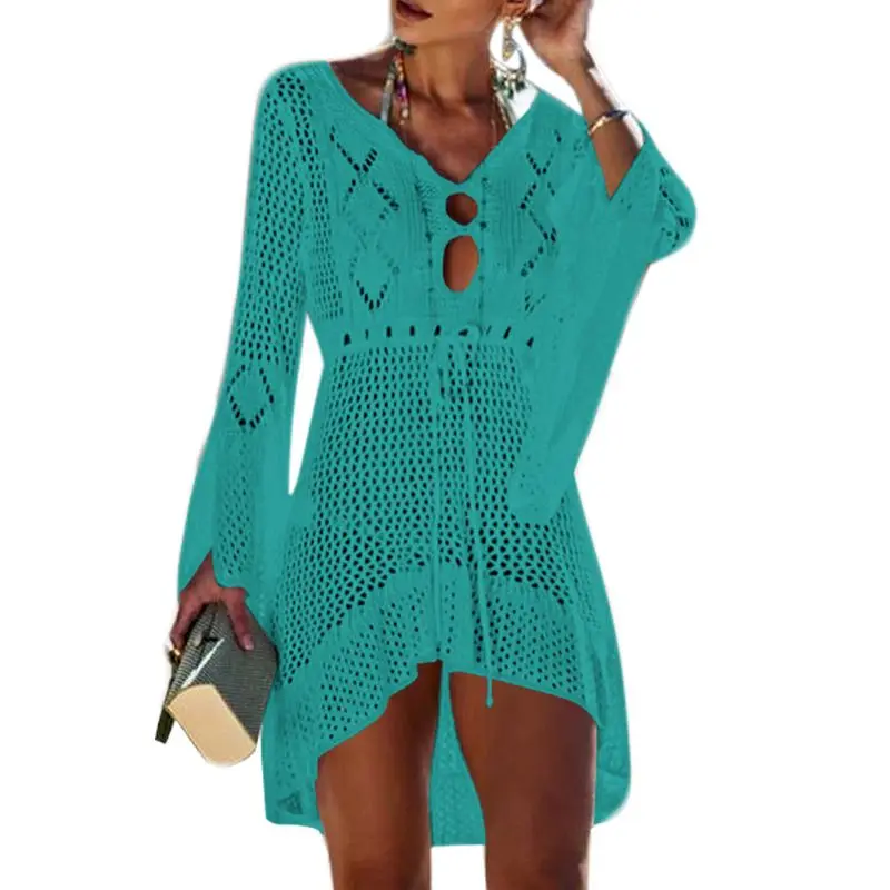 

2021 Womens Flare Sleeves A-Line Beach Sun Dress Crochet Hollow Out Keyhole Bikini Cover Up Drawstring Empire Waist Asymmetric