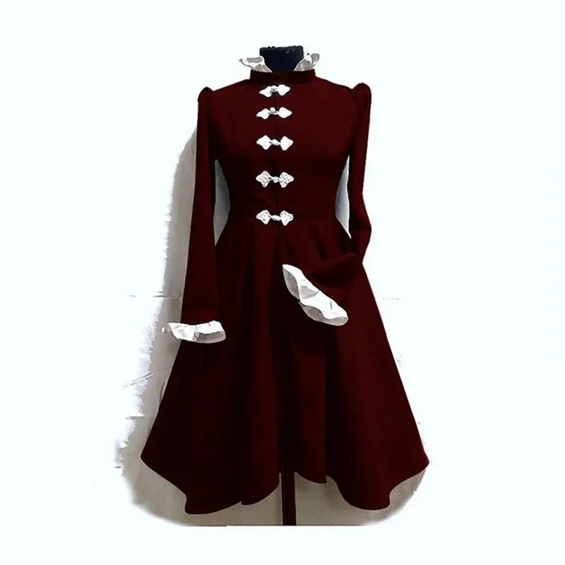 Готическое осеннее черное платье женское зимнее со стоячим воротником и