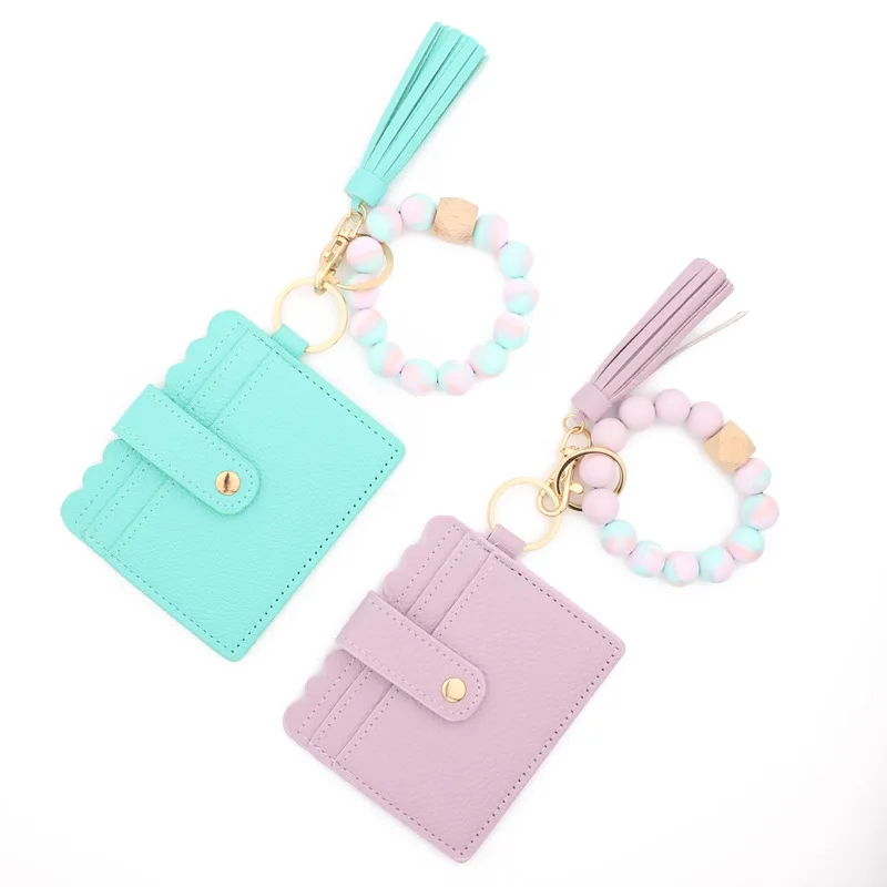 

Wood Silicone Beaded Bangle Bracelets Key Rings Card Holder Wallets Leather Tassel Keychains for Women Fashion Accessories