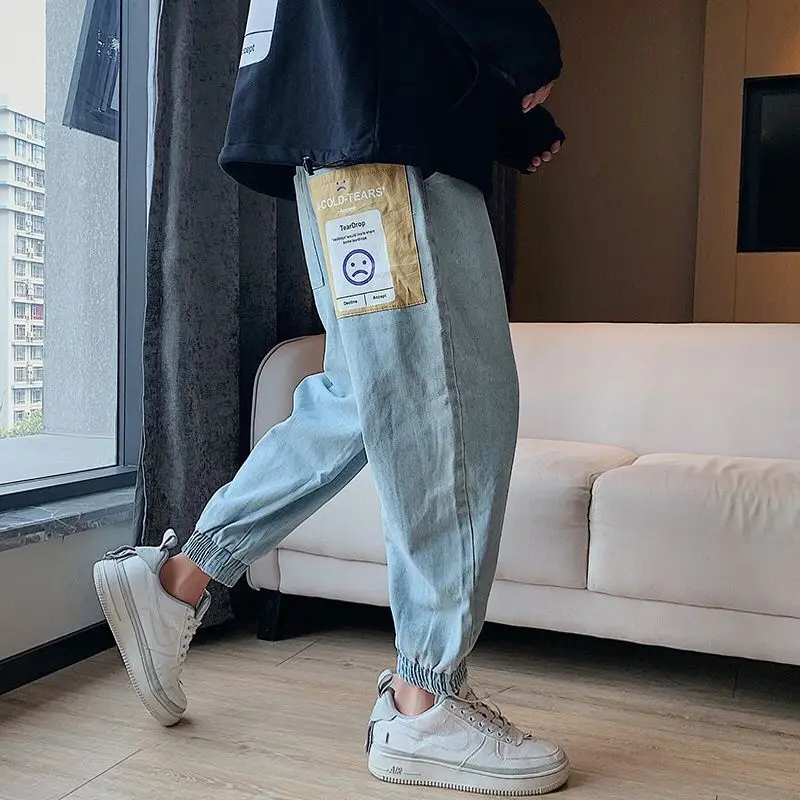 Baggy Jeans Men Blue Black Ripped Jeans Hip hop Streetwear Harem Ankle length Denim Pants Elastic Waist Casual Trousers Harajuku