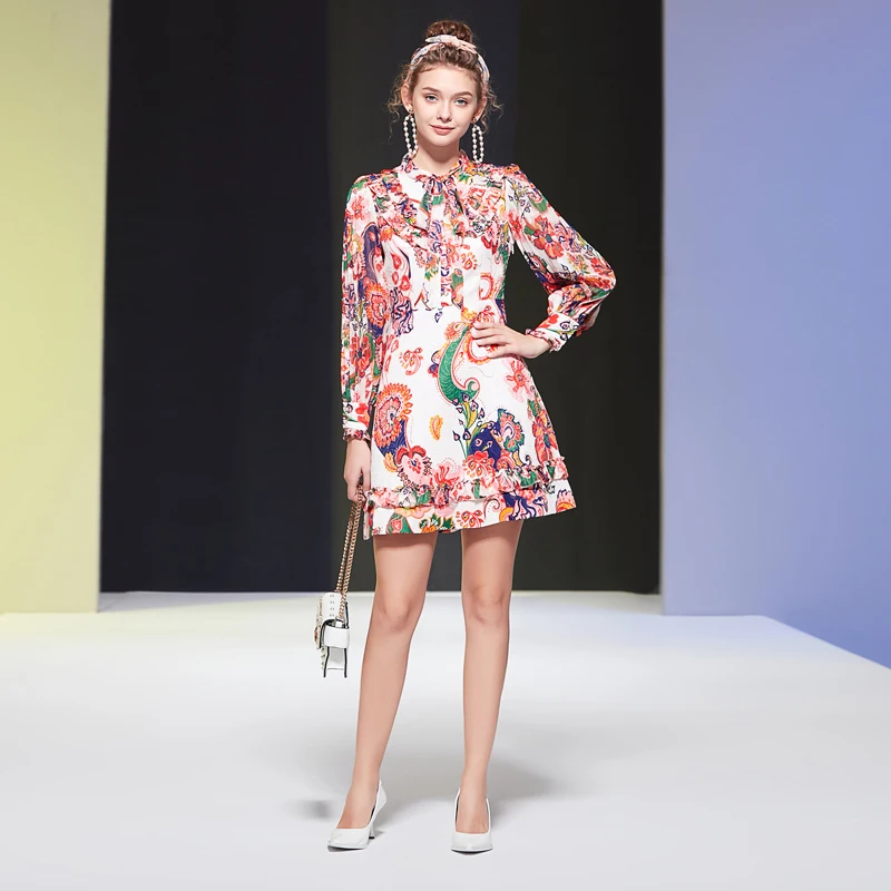 

Spring Autumn Designer Chiffon Long Sleeve Red Printed Bow Ribbon Fashion New Casual Vacation Vintage Chic Women'S Mini Dress