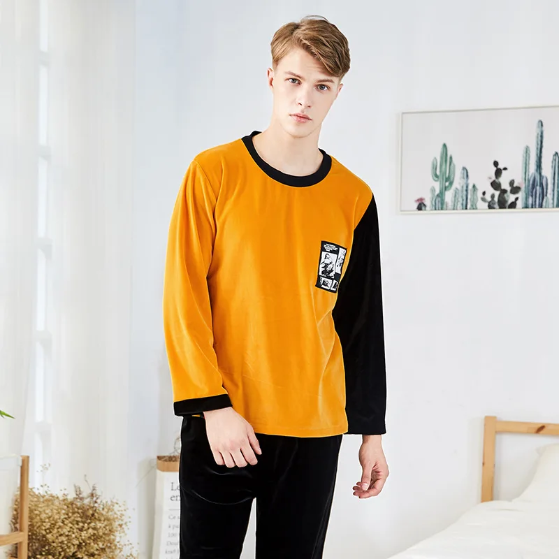 Winter Coral Velvet Pajamas Men's Thickened Flannel Warm Plush Hooded Homewear Set