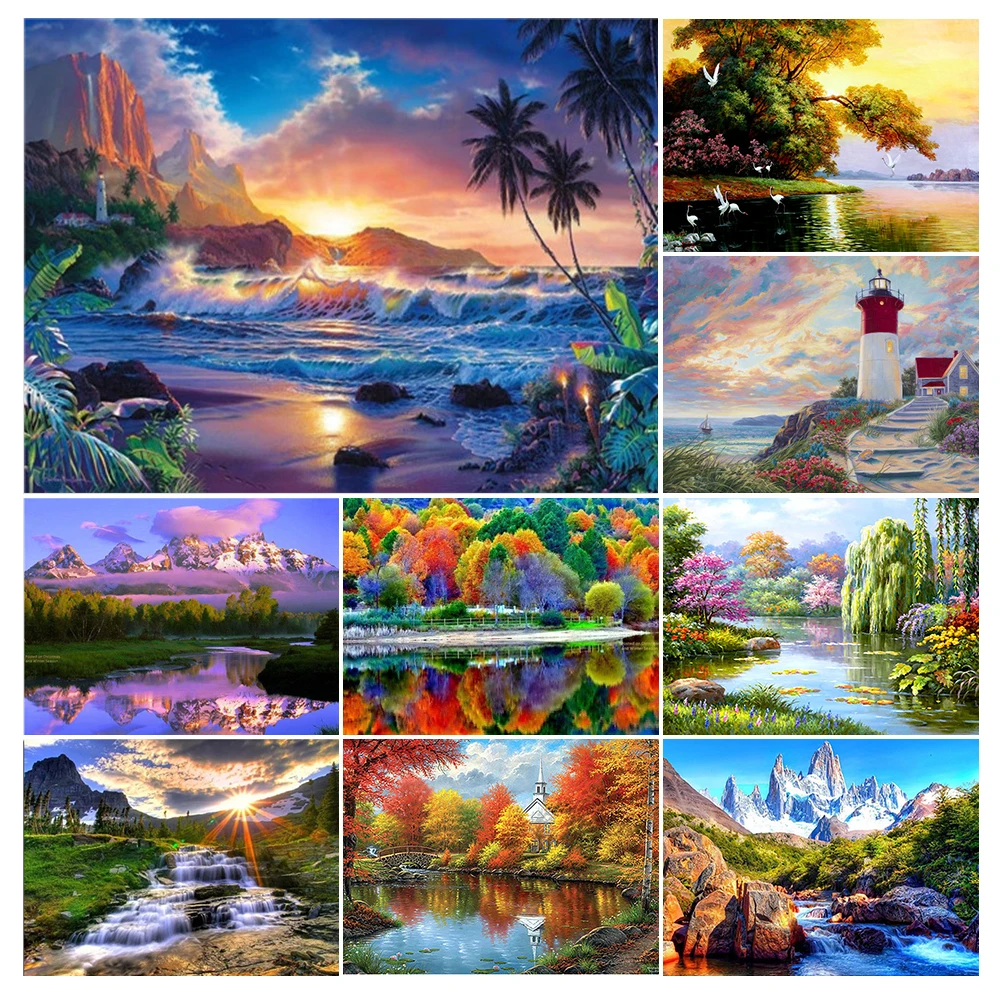 

5D DIY Diamond Painting Landscape Waterfall Sunset Cross Stitch Kit Full Drill Embroidery Rhinestones Natuer Mosaic Art Picture