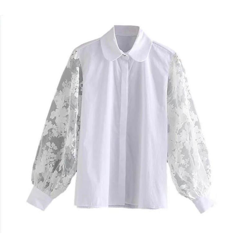 Новинка женская прозрачная блузка из органзы с рукавами в стиле пэчворк