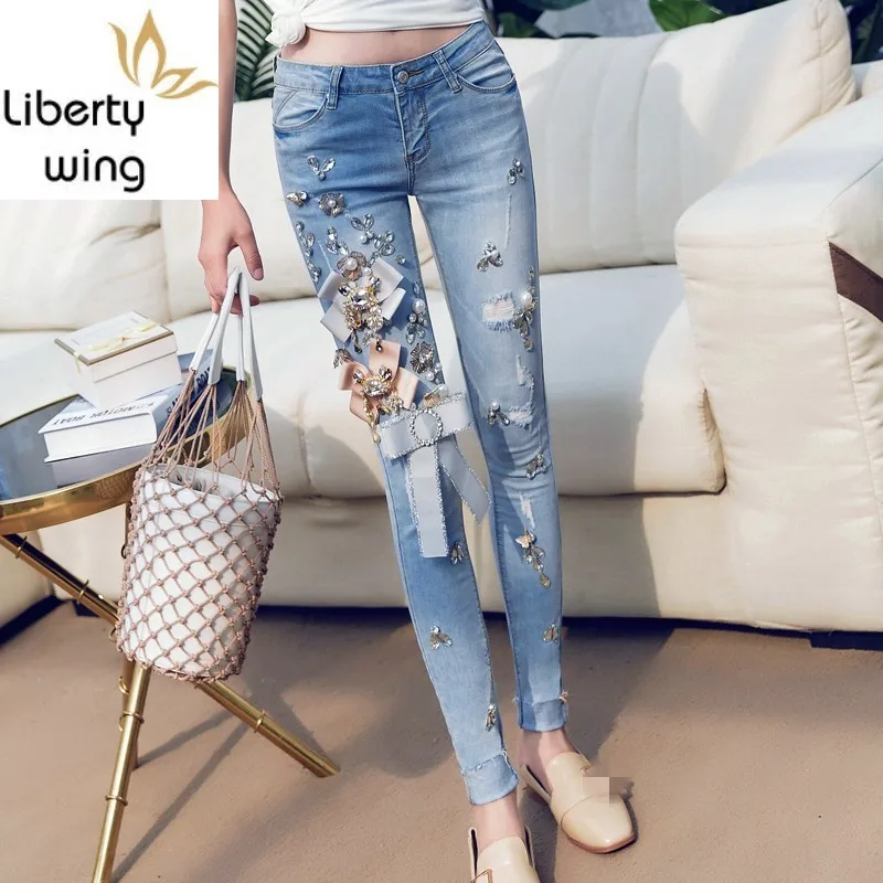 Европейские Новые Роскошные джинсы со стразами с украшениями под бриллианты