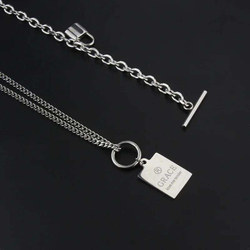 

ALLNEWME Cool Letters Printed Square Coin Alloy Pendant Necklace for Women Girls Silver Color Necklace Hip Hop Accessories
