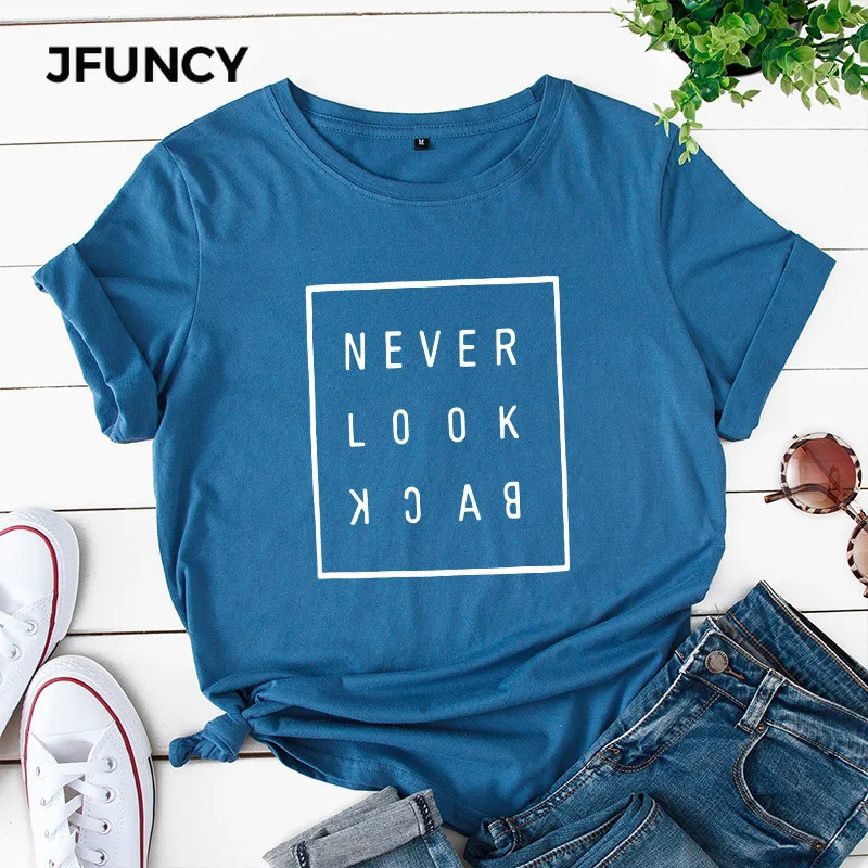 

Женская футболка с надписью JFUNCY Never Look Back Harajuku, летние свободные повседневные футболки размера плюс, женские хлопковые футболки