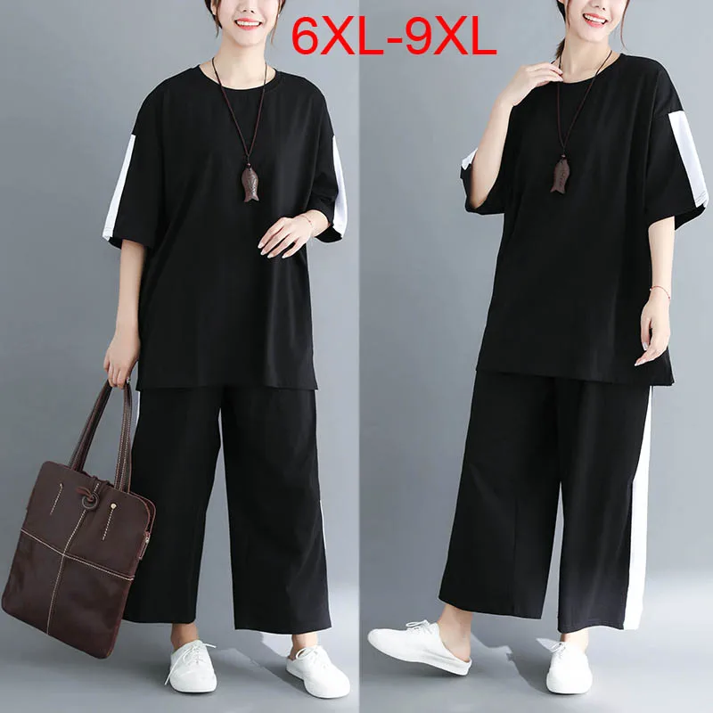 

Plus size summer loose casual thin sports suit women bust 150cm 6XL 7XL 8XL 9XL color block top cropped wide-leg pants black