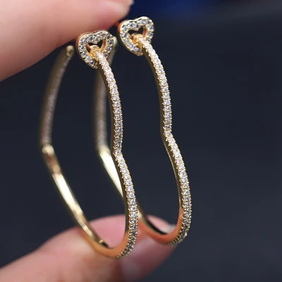 Gold plated Винтажные полые большие серьги обруча сердца проложить белый кубический цирконий подвеска золотого цвета простая Геометрическая Серьга женские вечерние ювелирные изделия - Окраска металла: Gold plated