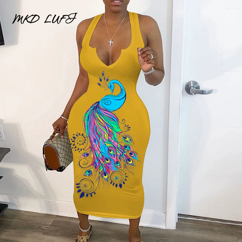 Женские облегающие платья без рукавов с принтом павлина пикантные обтягивающие