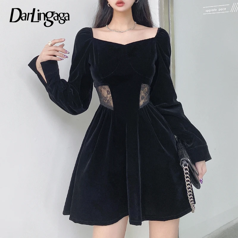 

Darlingaga Vintage Fashion Black Velour Party Dress Female Square Neck Elegant Lace Patchwork Sexy Pleated Dresses Ladies Gothic