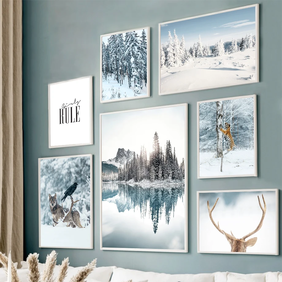 Белая Гора Снежный Лес Тигр Волк Олень озеро настенная Картина на холсте