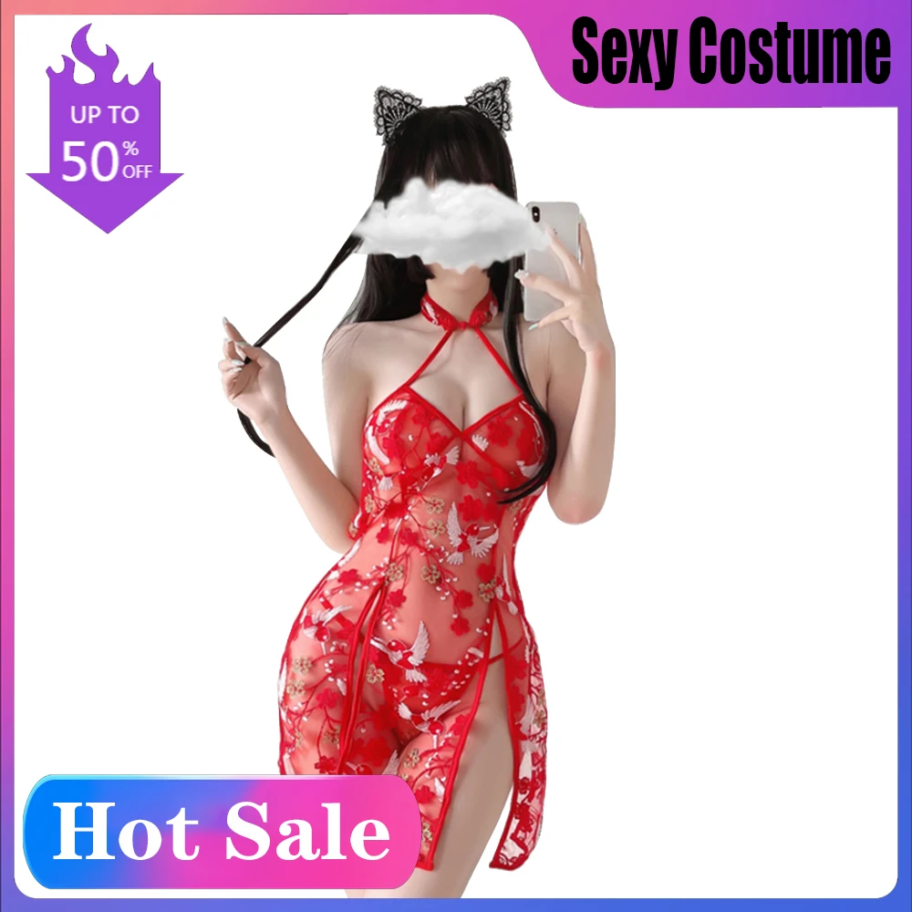 

Женское пикантное нижнее белье Ssexy, классическое ночное белье с вышивкой в виде птиц и цветов, Чонсам с разрезом, прозрачная ночная сорочка с...